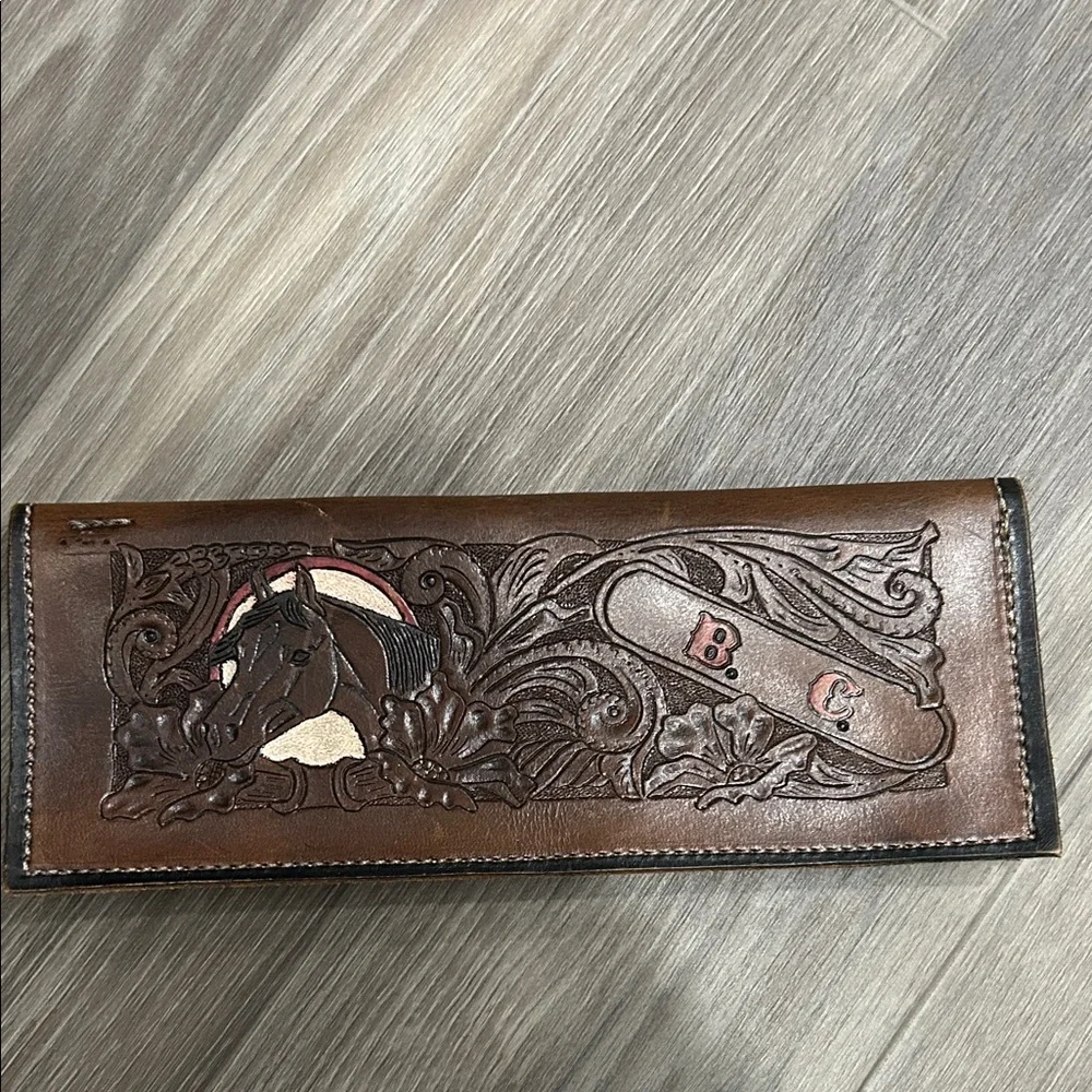 Hand-Tooled Brown Leather Wallet with Horse Motif